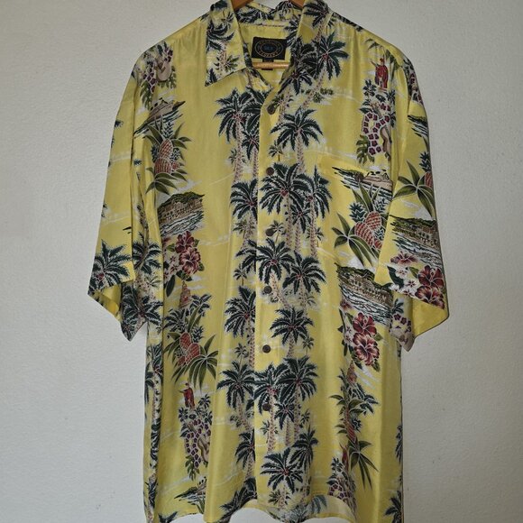 Hawaiian Silk Company Men’s XL Aloha Hawaiian Shirt Yellow Palm Tree Pineapple - Picture 2 of 13